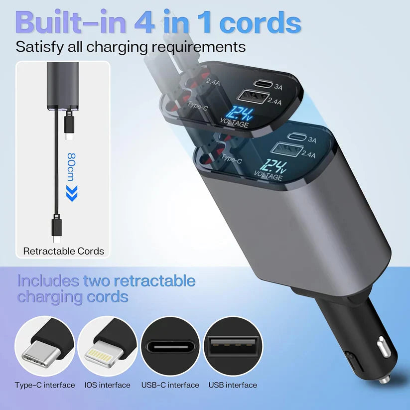 Yasme™️ 4-in-1 Retractable Car 120W Charger with Voltmeter