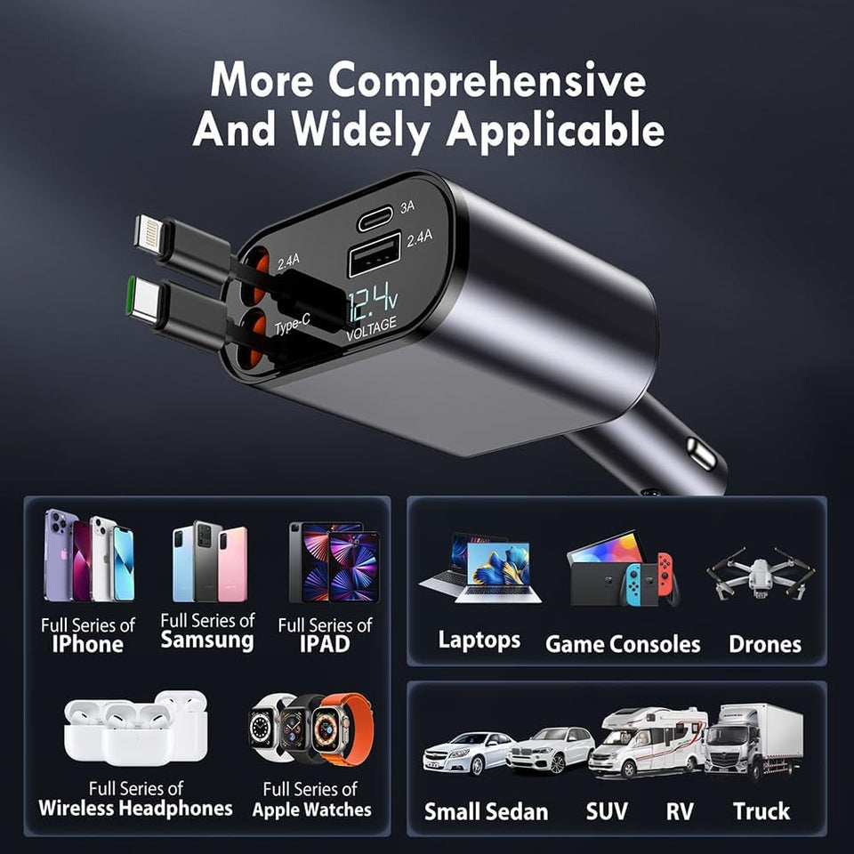 Yasme™️ 4-in-1 Retractable Car 120W Charger with Voltmeter