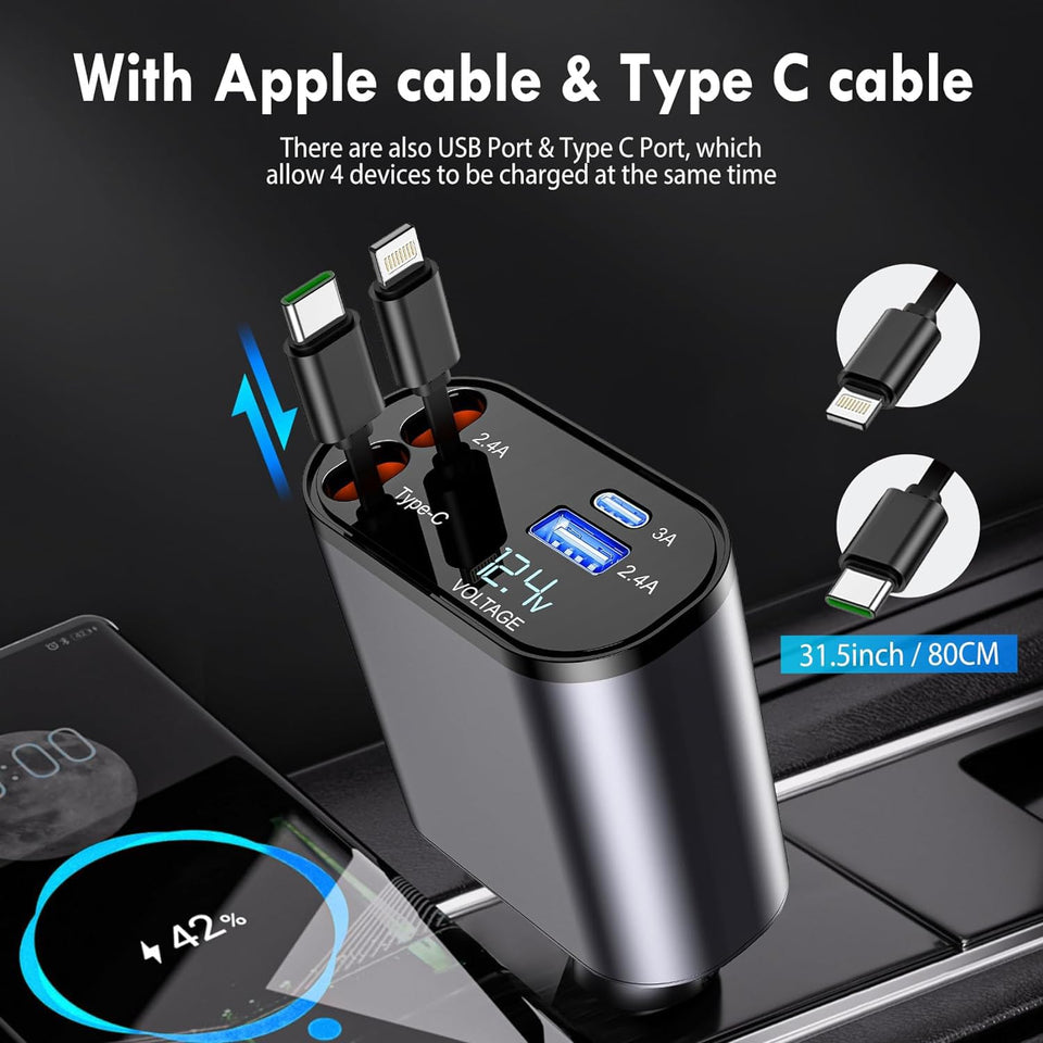 Yasme™️ 4-in-1 Retractable Car 120W Charger with Voltmeter