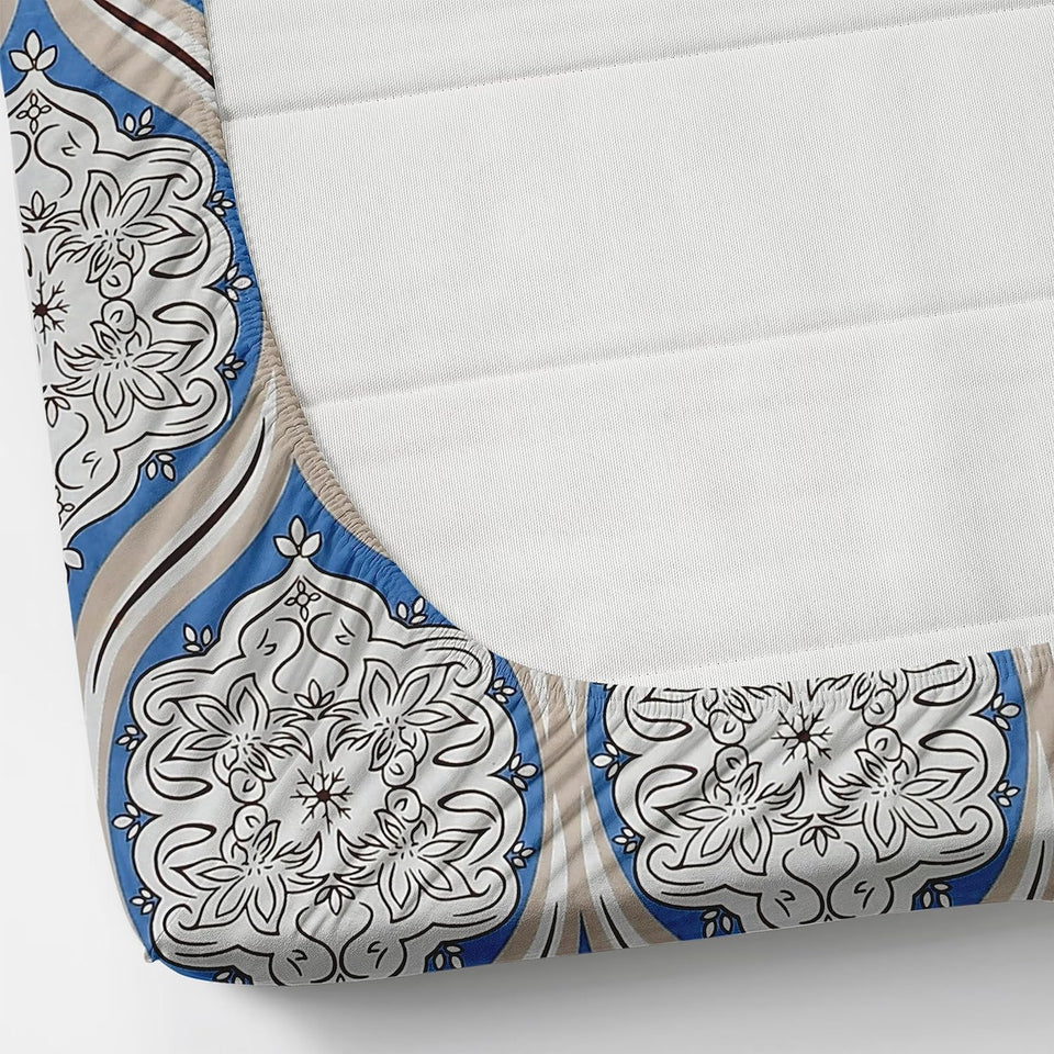 Blue Damask Blue Check King Size Double Bed Elastic Fitted Premium Bedsheet