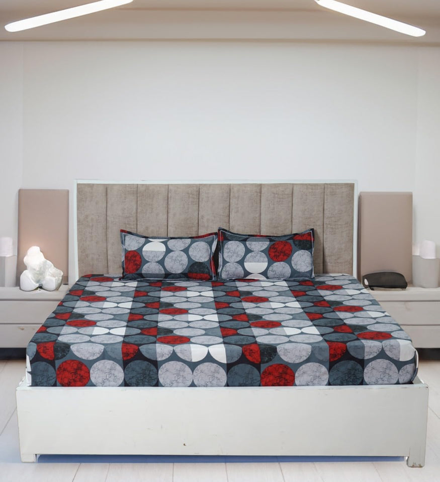 Grey Red Circles King Size Double Bed Elastic Fitted Premium Bedsheet