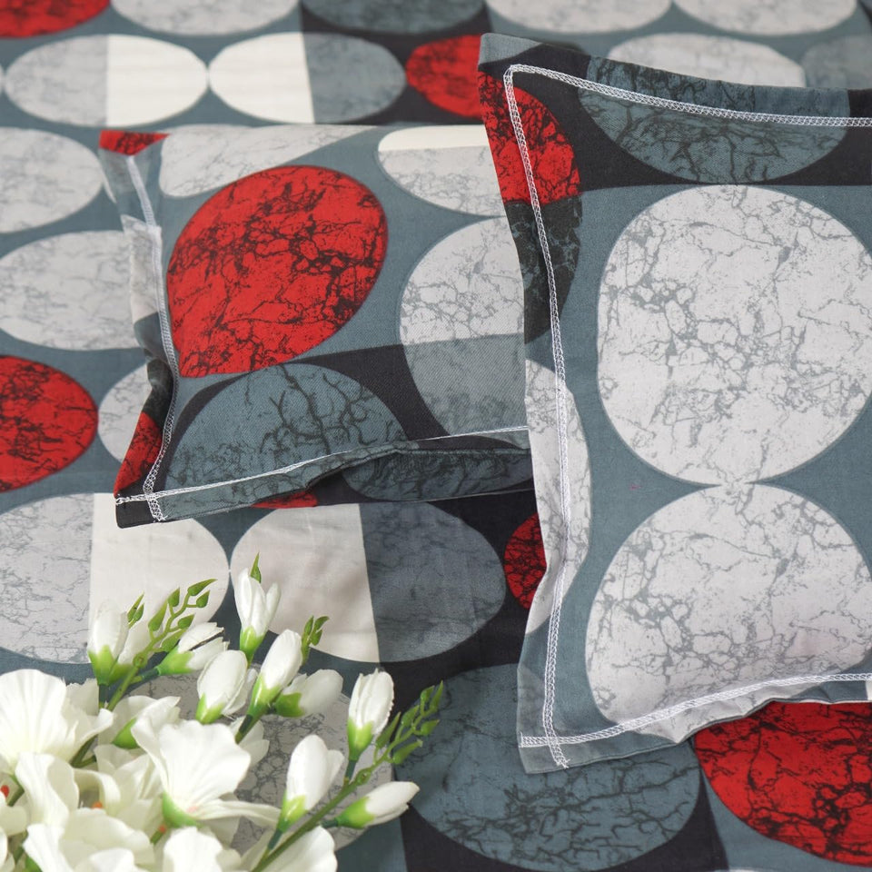 Grey Red Circles King Size Double Bed Elastic Fitted Premium Bedsheet